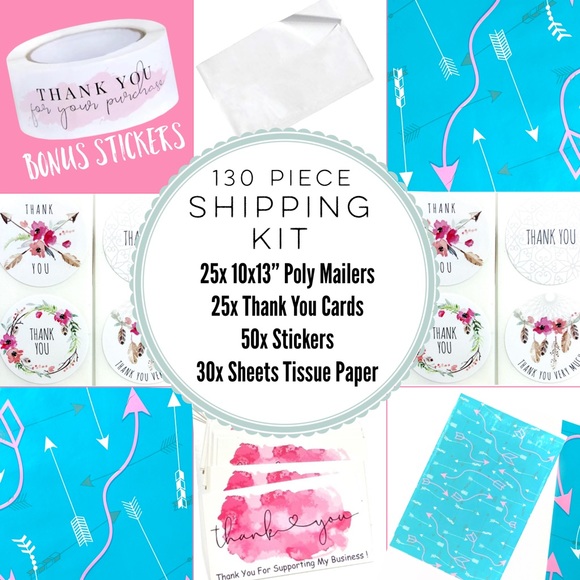 130pc Shipping Kit, poly mailers, thank you stickers and cards, tissue paper. - Picture 3 of 13